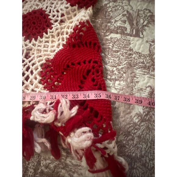 Handmade White Red Crocheted Doily Tassel Fringes Table Cloth 36" x 54" - Picture 3 of 4